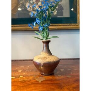 Vintage Studio Pottery Vase, Signed Brown Drip Glaze Bud Vase